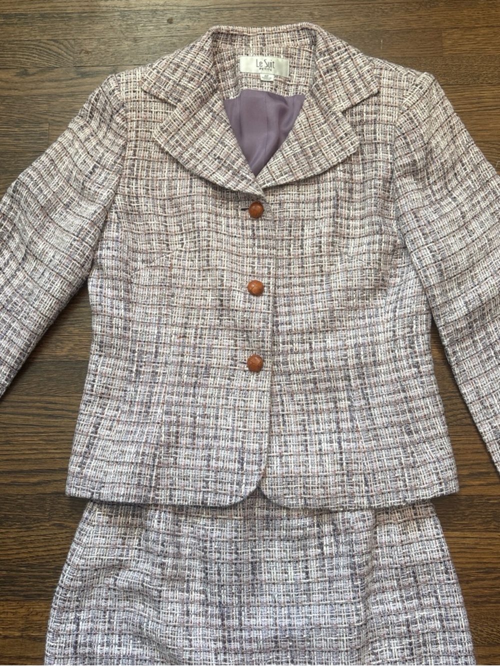 Le Suit Lavender Tweed Two-Piece Skirt Suit - Picture 4 of 6